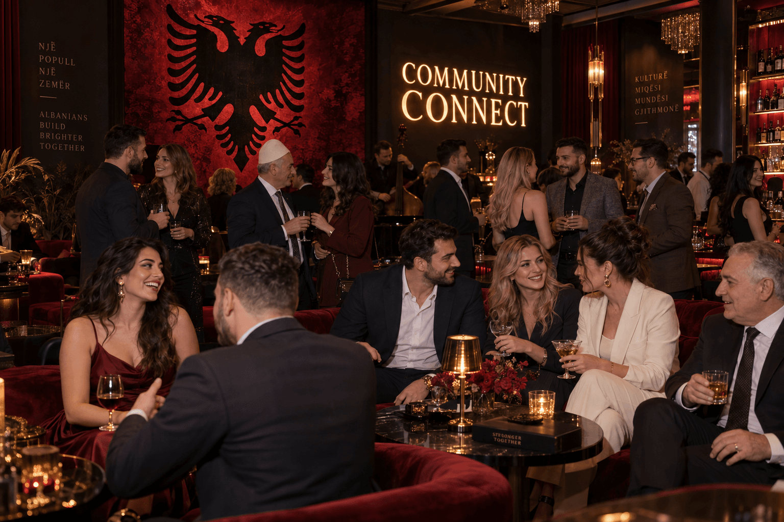People socialize in a lounge featuring an Albanian eagle emblem and 'Community Connect' sign.