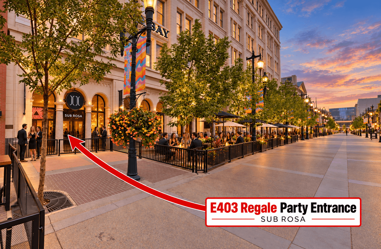 Red arrow points to Sub Rosa entrance on a pedestrian street during a vibrant sunset.